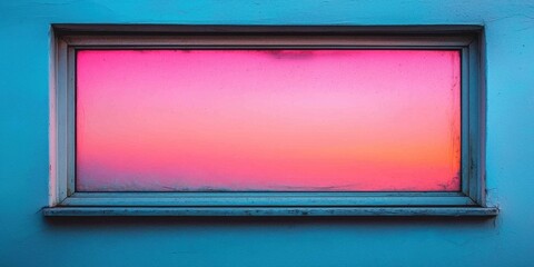 Fototapeta premium Colorful sunset view through a window frame against a blue wall.