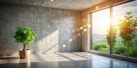 Fototapeta premium Sunlit minimalist concrete room, showcasing plants, bokeh effect.