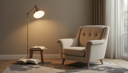 a serene living room with a plush armchair, an open book on a small side table, and a lit floor lamp emitting a warm glow.