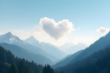 Obraz premium A scenic mountain view with heart-shaped cloud formations in the sky.