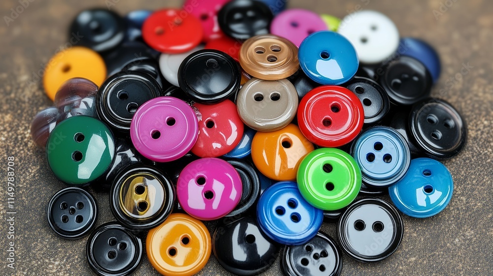 Poster pile of colorful buttons on a table. the buttons are of different colors and sizes. concept of varie