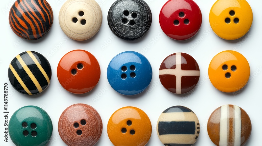 Poster row of buttons with different colors and designs. the buttons are arranged in a line and are of vari