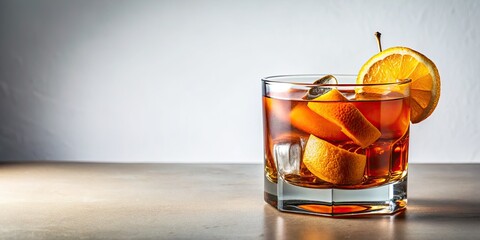 Isolated white background showcases a minimalist Old Fashioned. Classic cocktail, elegant photography.
