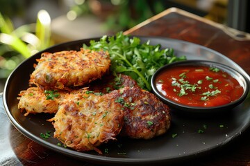 A platter of crispy sausage patties with tomato sauce