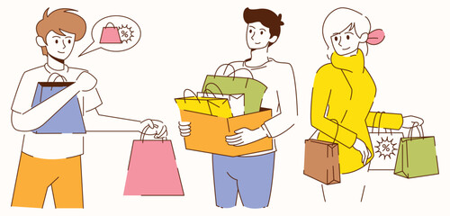 A man is holding a green bag. A woman is holding a yellow bag