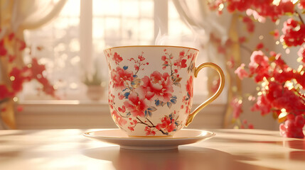 Fototapeta premium Floral Teacup 3D Render, Warm Morning Light