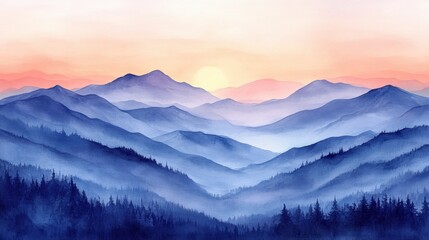 Obraz premium Serene watercolor painting of a misty mountain range at sunset.