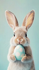 Obraz premium Bunny holding a pastel blue Easter egg with white dots