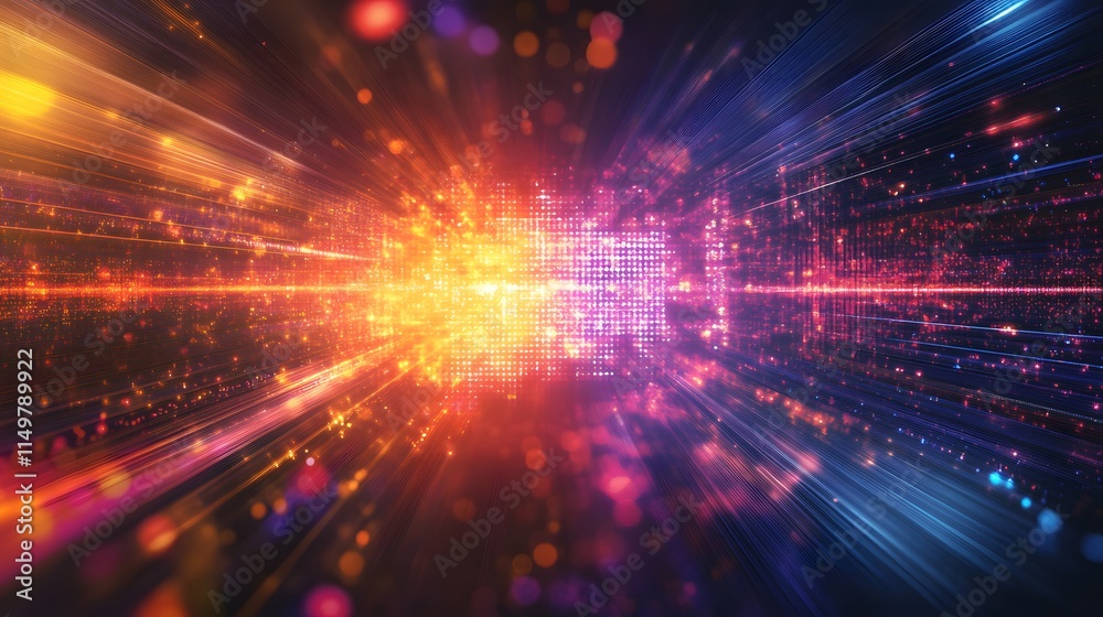 Poster dynamic light rays and colorful particles digital space abstract art virtual environment wide angle 