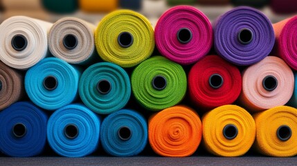 Row of colorful yarns are stacked on top of each other. The colors are bright and vibrant, creating a cheerful and lively atmosphere. The yarns are arranged in a way that they are all visible