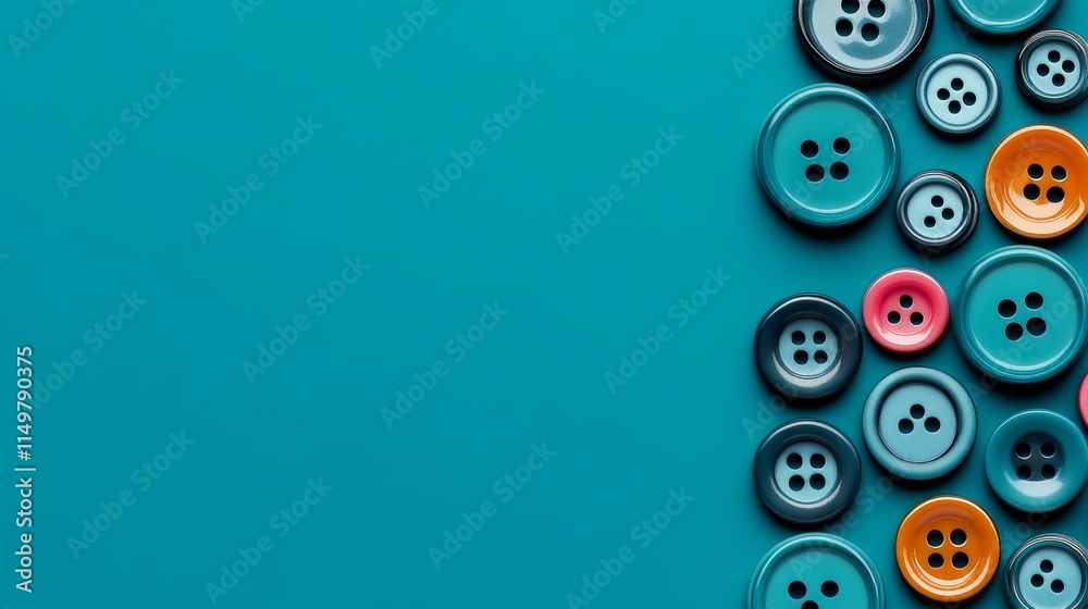 Poster blue background with a row of buttons on it. the buttons are of different colors and sizes