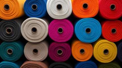 Row of colorful rolls of fabric, including white, pink, blue, and yellow. The rolls are stacked on top of each other, creating a vibrant and lively scene