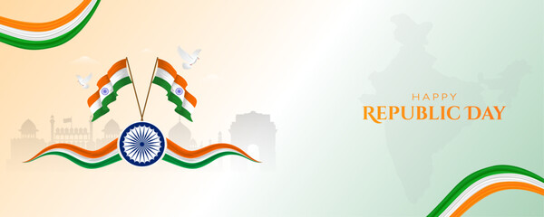 Happy Republic Day Banner with Indian Flags and Landmarks

