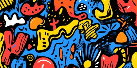 Abstract doodle pattern with yellow, red, and blue colors.