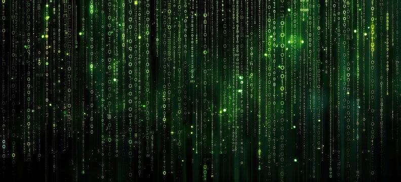 A visually striking digital background features cascading green binary code, ideal for technology, cybersecurity, or programming themes in websites, presentations, and marketing materials,