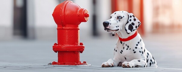 A playful Dalmatian dog sits beside a bright red fire hydrant on a city street, embodying a fun urban moment.