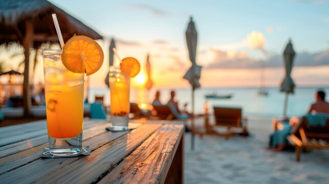 Colorful cocktails sit on a wooden table with a beautiful sunset over the beach, This image is ideal for promoting tropical vacations, summer events, and relaxation themes in marketing materials,