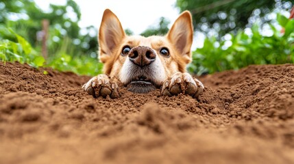 A curious dog digs in the garden, peering over freshly turned soil, with its ears perked and nose close to the ground.