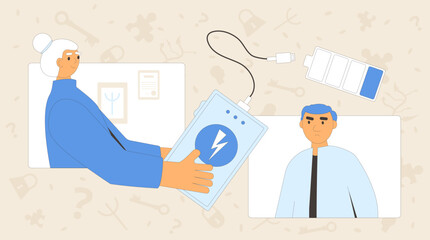 Work burnout man therapy. Online counseling session with psychiatric. Tired character charge with psychologists. Male client with depression and empty battery indicator. Vector concept illustration.