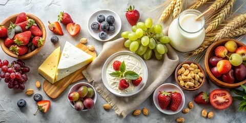 Shavuot's bounty: creamy dairy, vibrant first fruits, and swaying wheat in a stunning panoramic flat lay.