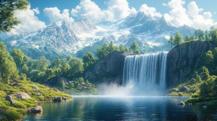Serene waterfall cascades into pristine mountain lake.
