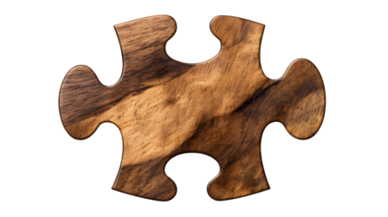 Rustic natural wood puzzle piece with visible grain and a polished finish, suitable for creative or decorative projects. Isolated on transparent background