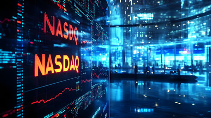 Obraz premium Rote Leuchtreklame NASDAQ - elektronischen Börsen in den USA, Darstellung NASDAQ Aktienmarkt auf großem Monitor, Börsenhandel der weltweit führenden Technologieunternehmen