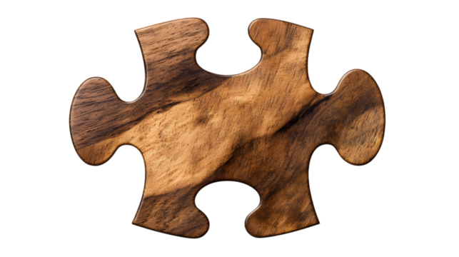 Rustic natural wood puzzle piece with visible grain and a polished finish, suitable for creative or decorative projects. Isolated on transparent background