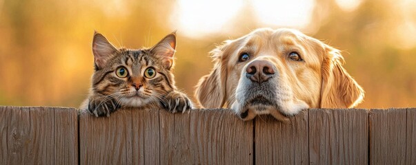 A cat and a dog peer over a wooden fence, showcasing their friendship against a warm, golden background.