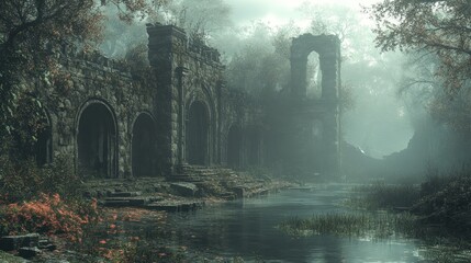 Misty forest ruins beside tranquil stream.