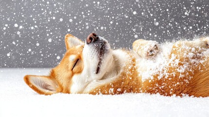 A playful corgi enjoys a snowy day, lying on its back with snowflakes gently falling around it.