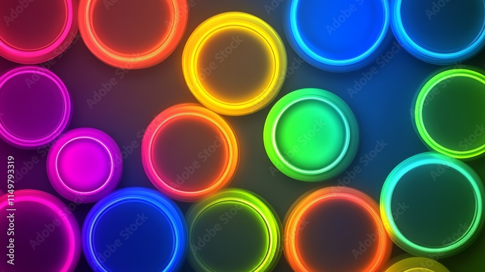 Poster colorful array of circles with neon lights inside. the circles are of different sizes and colors, cr