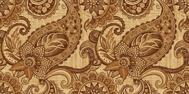 Intricate paisley pattern in warm brown tones, perfect for textile design.