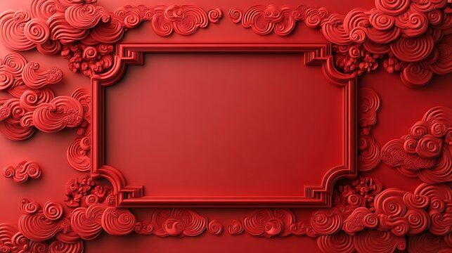Ornate red template for Chinese New Year, incorporating a 3D design with clouds and a rectangular frame for text placement