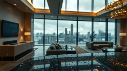 Modern apartment city view rainy day interior