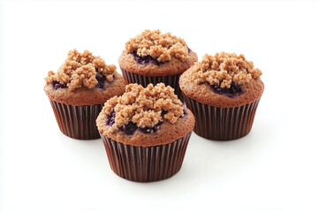 Four blueberry muffins with a crumb topping on a white background