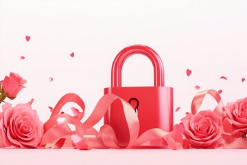 Obraz premium vibrant love lock surrounded by pink roses and ribbons, symbolizing romance
