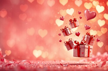 Gift boxes of different sizes, hovering on the air, Valentine's Day, February 14, red and pink background, floating hearts, golden shimmer, horizontal banner, post card.
