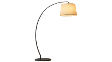 Modern floor lamp with a sleek curved metal frame and a fabric shade providing soft ambient lighting. Isolated on transparent background