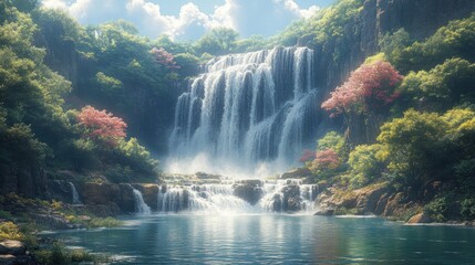 Naklejka premium Serene waterfall cascades into tranquil pool, lush foliage.