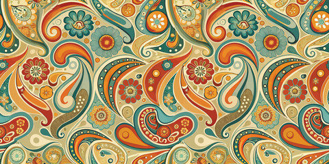 Fototapeta premium Colorful paisley and floral pattern with vibrant hues and intricate designs.