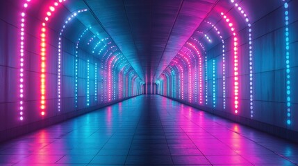 Fototapeta premium Neon-lit tunnel with vibrant pink and blue lights reflecting on a glossy floor.