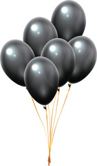 Six shiny black balloons floating together tied with gold ribbons isolated on a white background, creating a festive and elegant atmosphere