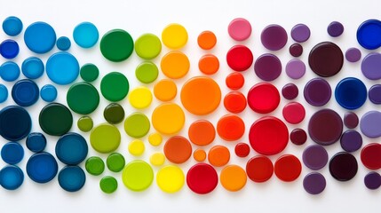 Fototapeta premium Colorful mosaic of small circles, each one a different color, arranged in a rainbow pattern. Concept of vibrancy and diversity, as well as the beauty of nature's colors