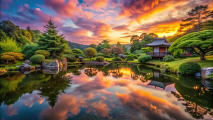 Fototapeta premium Zen peace: lush greenery, fiery sky reflected in a still pondâ€™s heart.