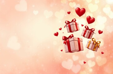 Gift boxes of different sizes, hovering on the air, Valentine's Day, February 14, red and pink background, floating hearts, golden shimmer, horizontal banner, post card.