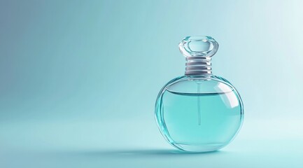 Elegant perfume bottle with light blue fragrance on a pastel background.