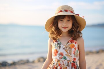 Portrait of beautiful asian little girl on the beach at sunset time