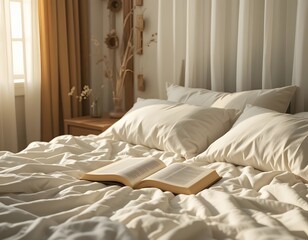 a comfortable bed with white wrinkled sheets, soft golden sunlight streaming through the thin curtains, and a small book lying open