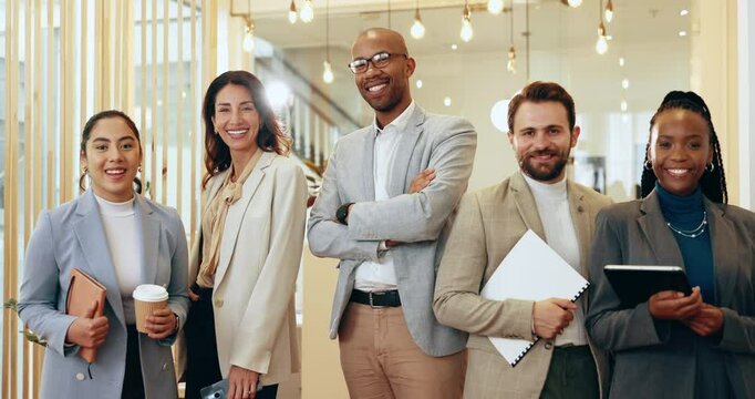 Face, business and about us as people at office with smile, confidence and pride as accountants. Employees, diversity and happy or satisfied with career growth or job opportunity and teamwork